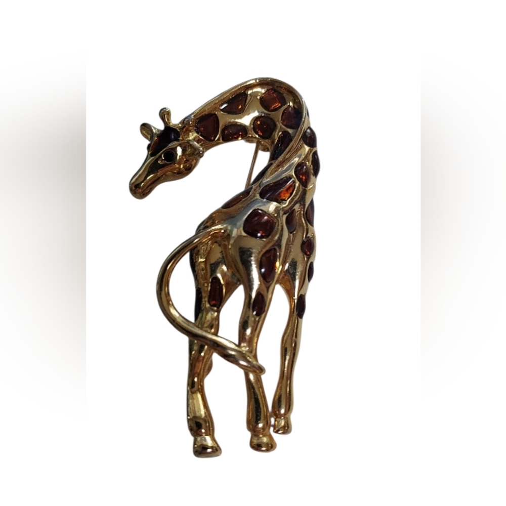 Vintage Giraffe Brooch Gold Tone Brown Enamel Pin Whimsical Zoo Animal Kitschy